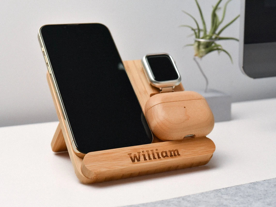 Personalized Wireless Charging Station 3 in 1, Bamboo Wireless Charger for iPhone, Apple Watch, AirPods, Gift for Him, Desk Accessories