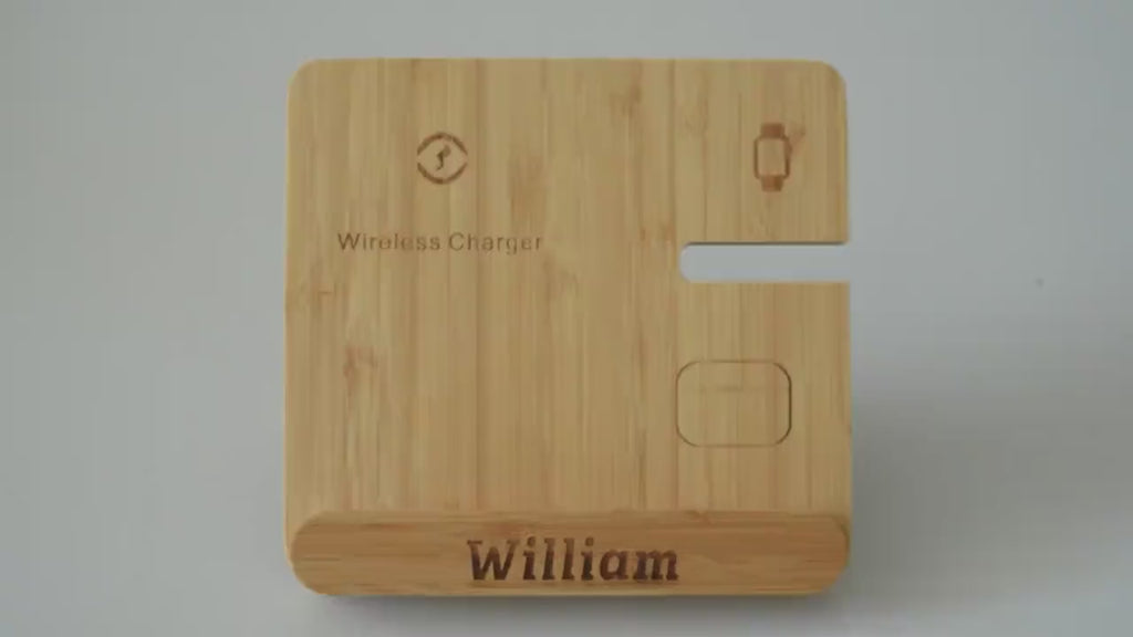 Personalized Wireless Charging Station 3 in 1, Bamboo Wireless Charger for iPhone, Apple Watch, AirPods, Gift for Him, Desk Accessories